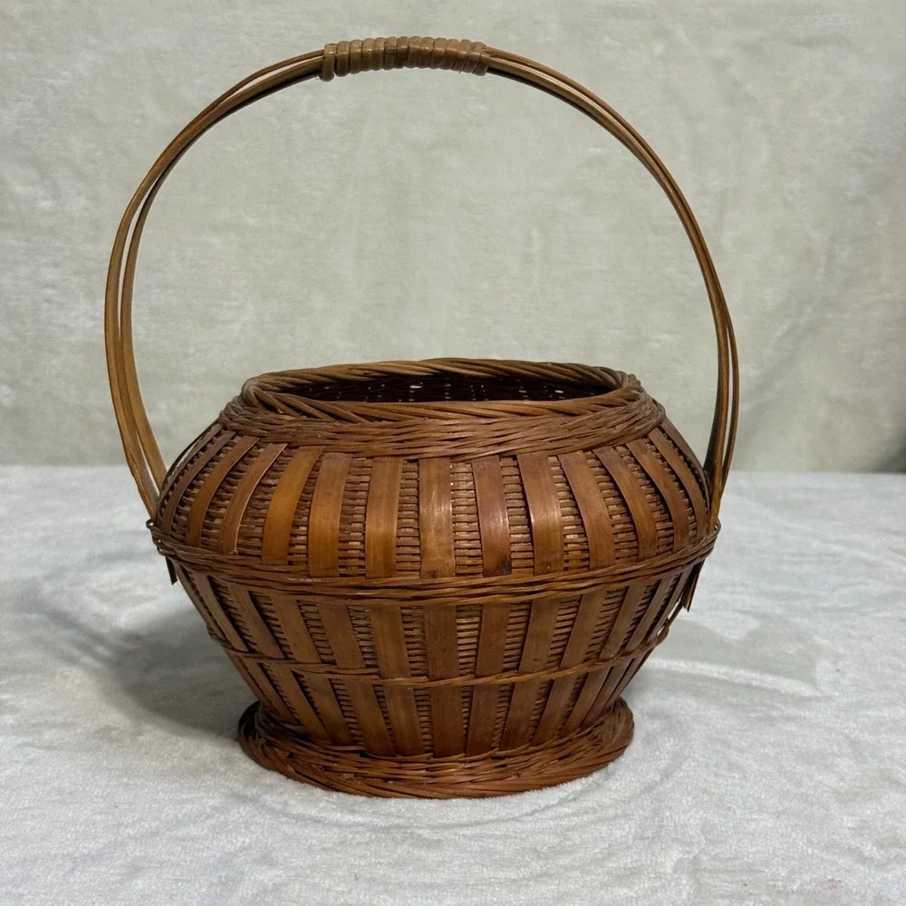 Vintage Small Brown Woven Basket with Handle Round Bulbous Rustic Farmhouse 90s